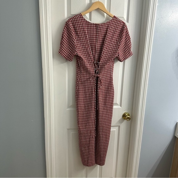 Vintage Midi Dress Lace Up Gingham Red Modest Casual Fall 90s Size Medium - Picture 5 of 8